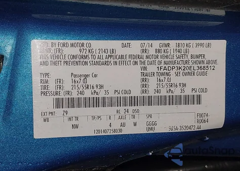 2014 Ford Focus Se from USA, damaged, VIN 1FADP3K20EL368512
